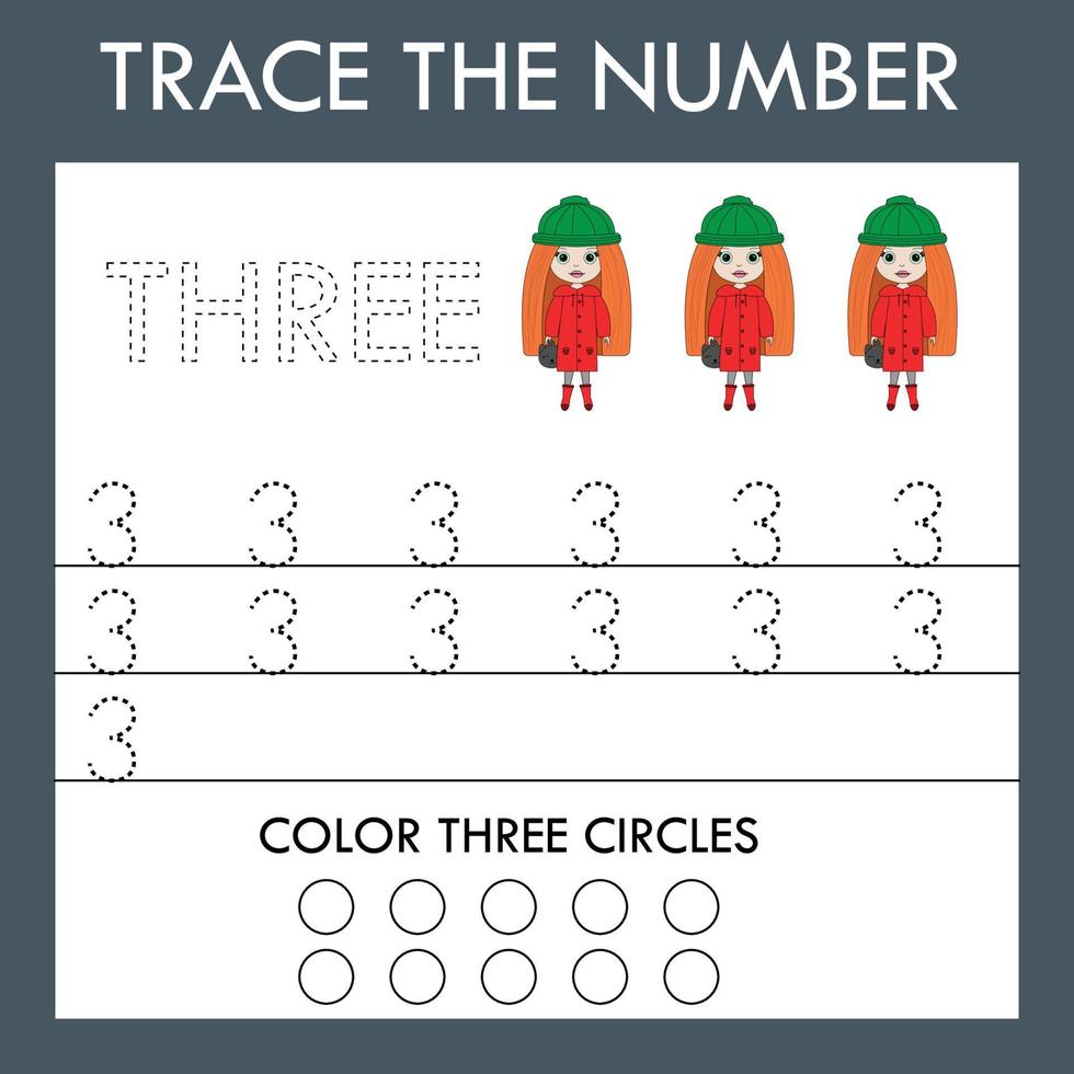 A game of tracing the outlines of the number three with  dolls. Preschool worksheet, kids activity sheet, printable worksheet vector