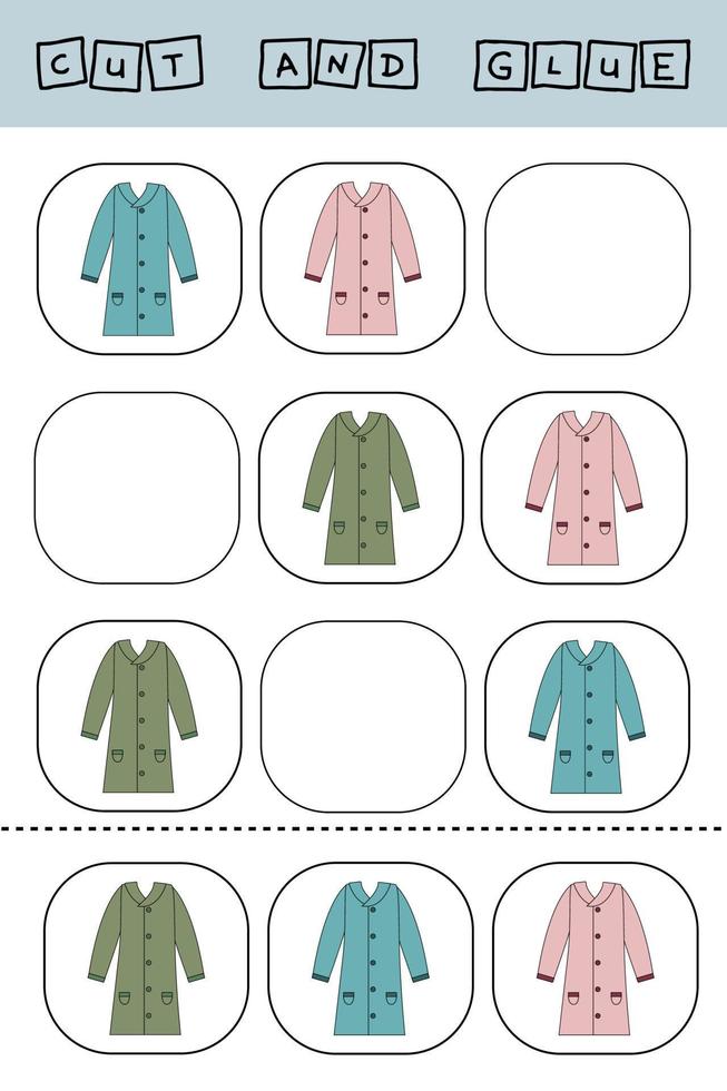 Educational activity, riddle for preschool kids.  Cut ang glue peace of coat vector