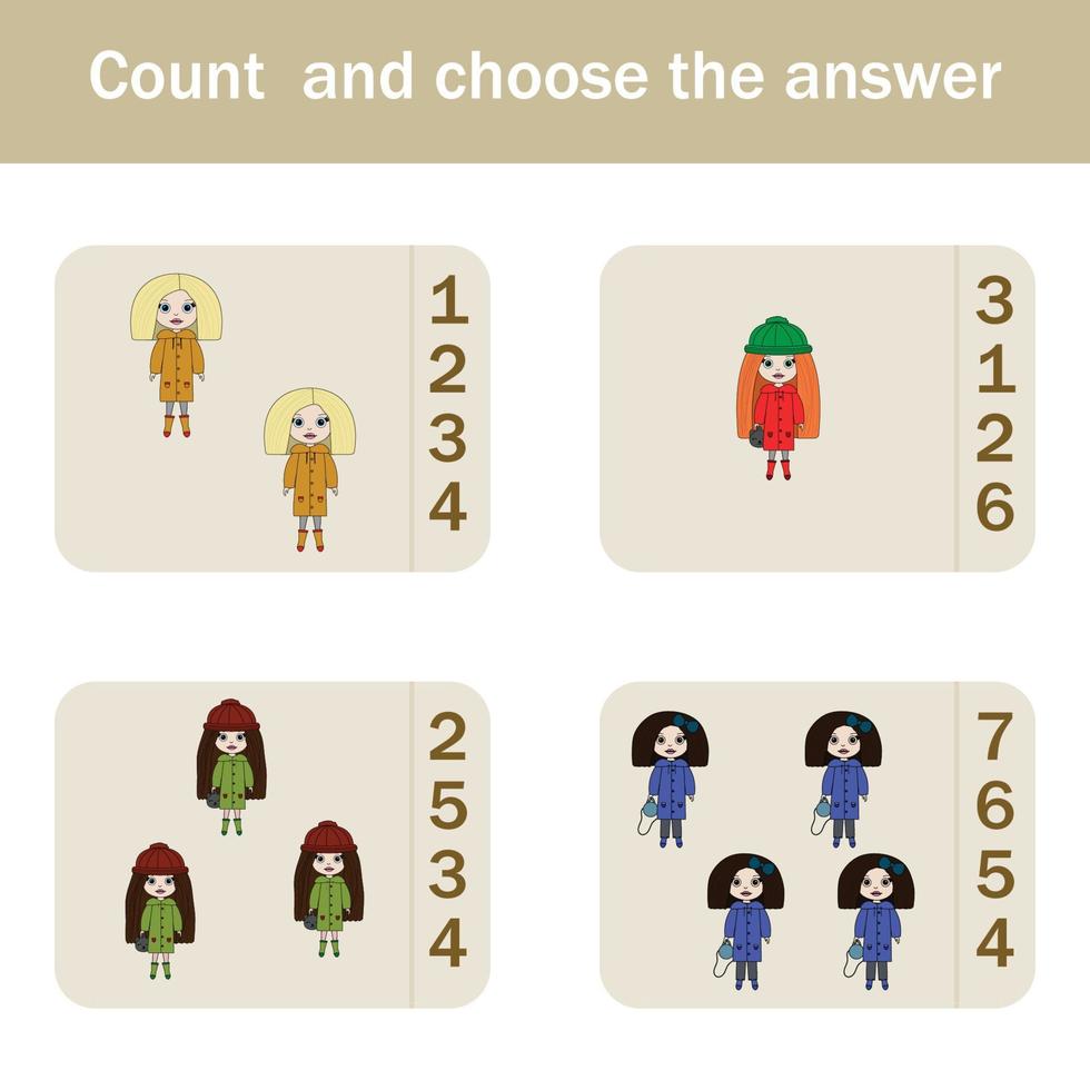 Counting Game for Preschool Children.  Count how many colorful dolls vector