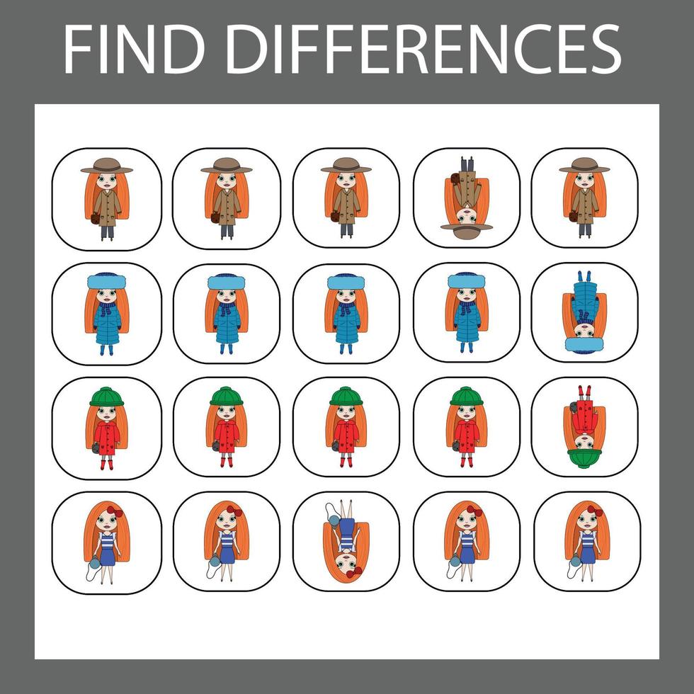 find the difference. Logic game for children. Find an extra dolls vector