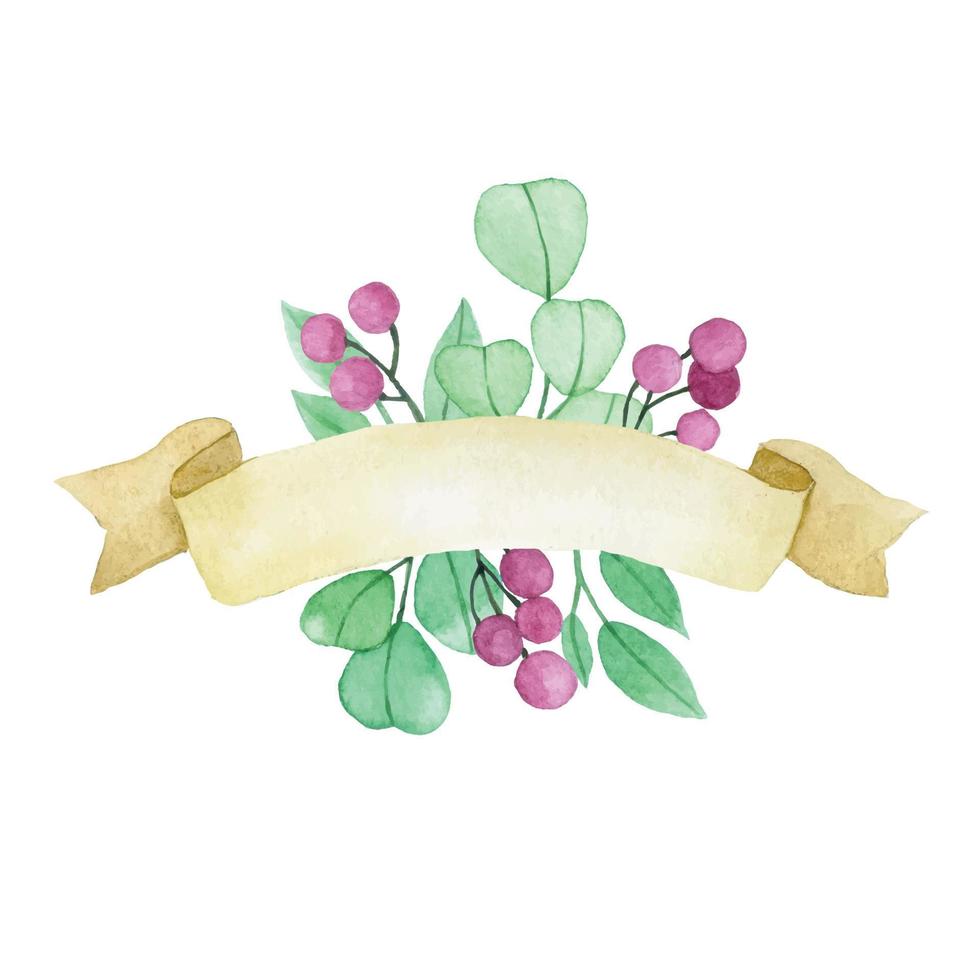 watercolor drawing. vintage ribbon, scroll with eucalyptus leaves and flowers. holiday decoration vector