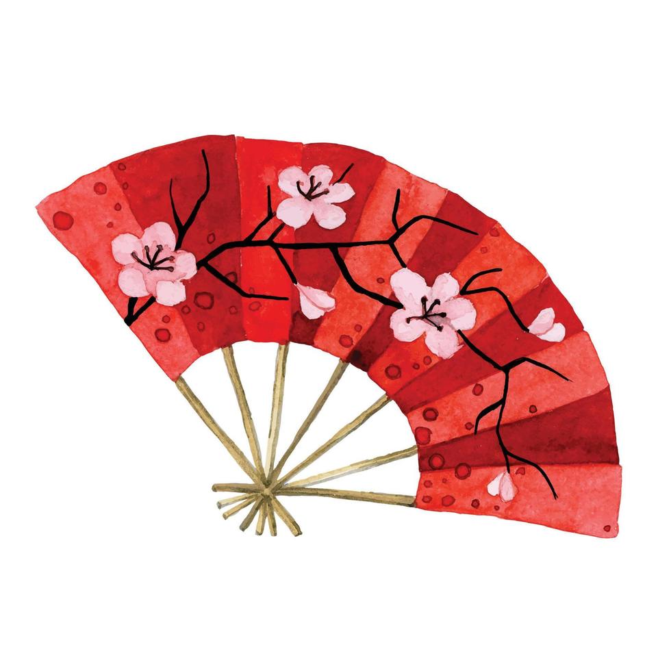 watercolor drawing. Japanese fan. red fan with sakura flowers chinese new year vector