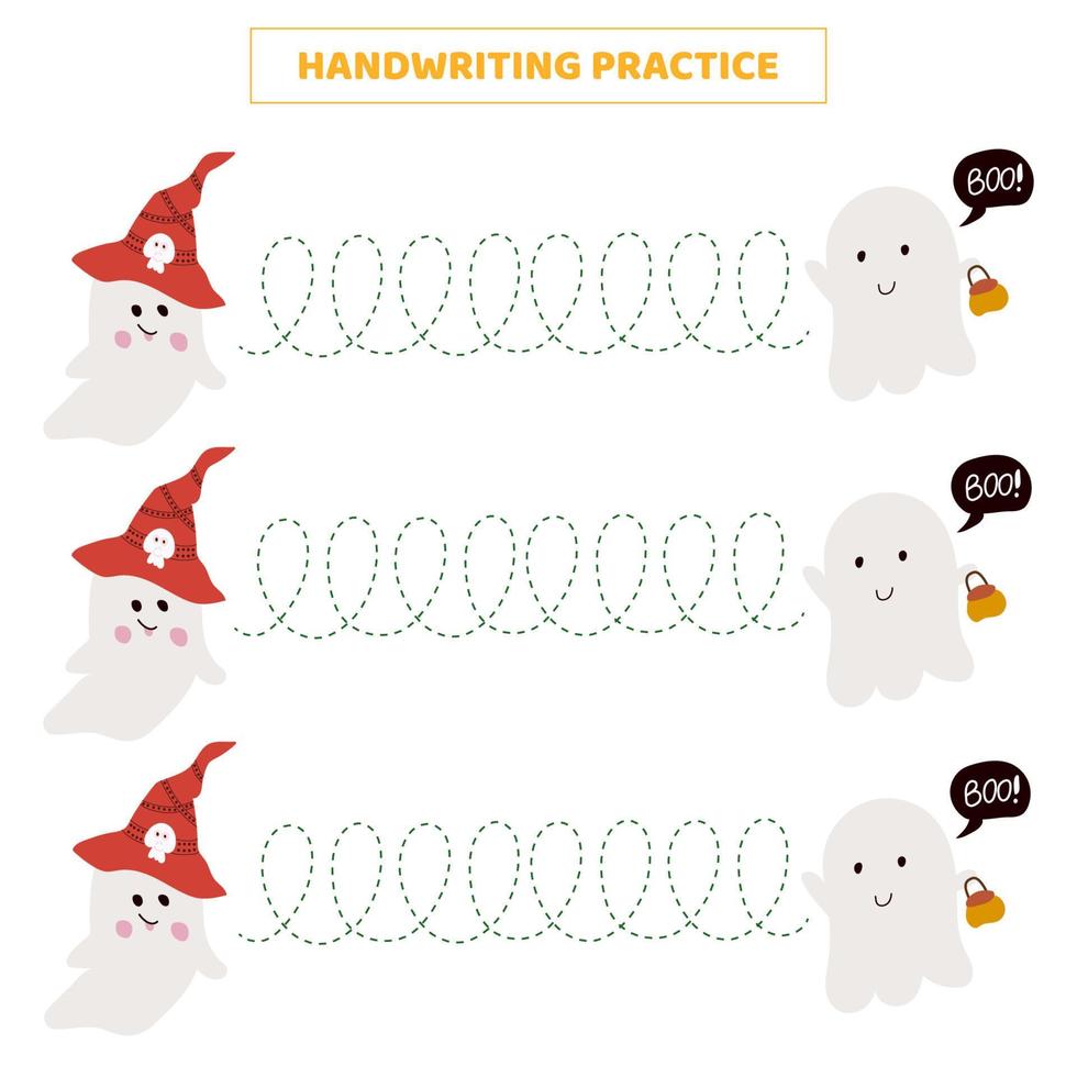 Handwriting practice for kids with cartoon ghost. vector