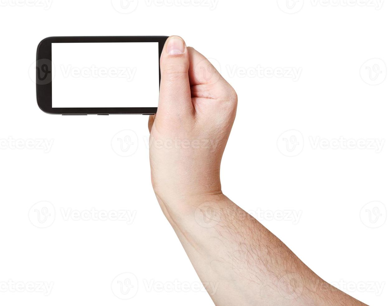 male hand holds smart phone with cut out screen photo