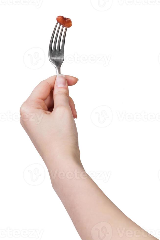 hand holding dinning fork with impaled brown bean photo