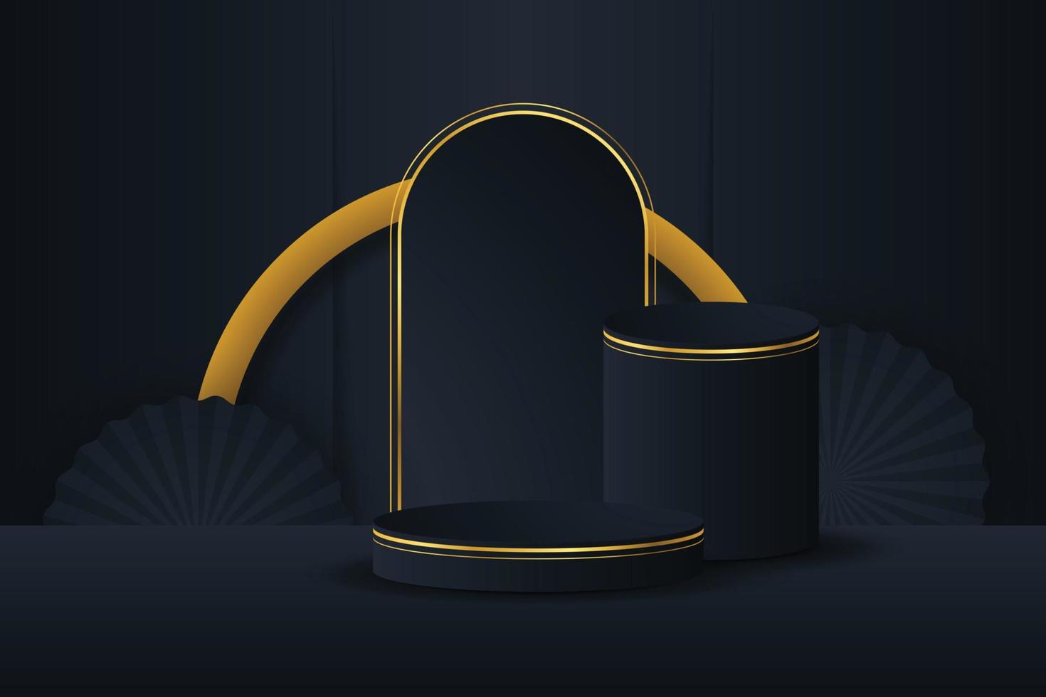 Black podium and modern gold border with a black circle element background. Abstract vector illustration showing a 3D shape for placing a product with copy space.