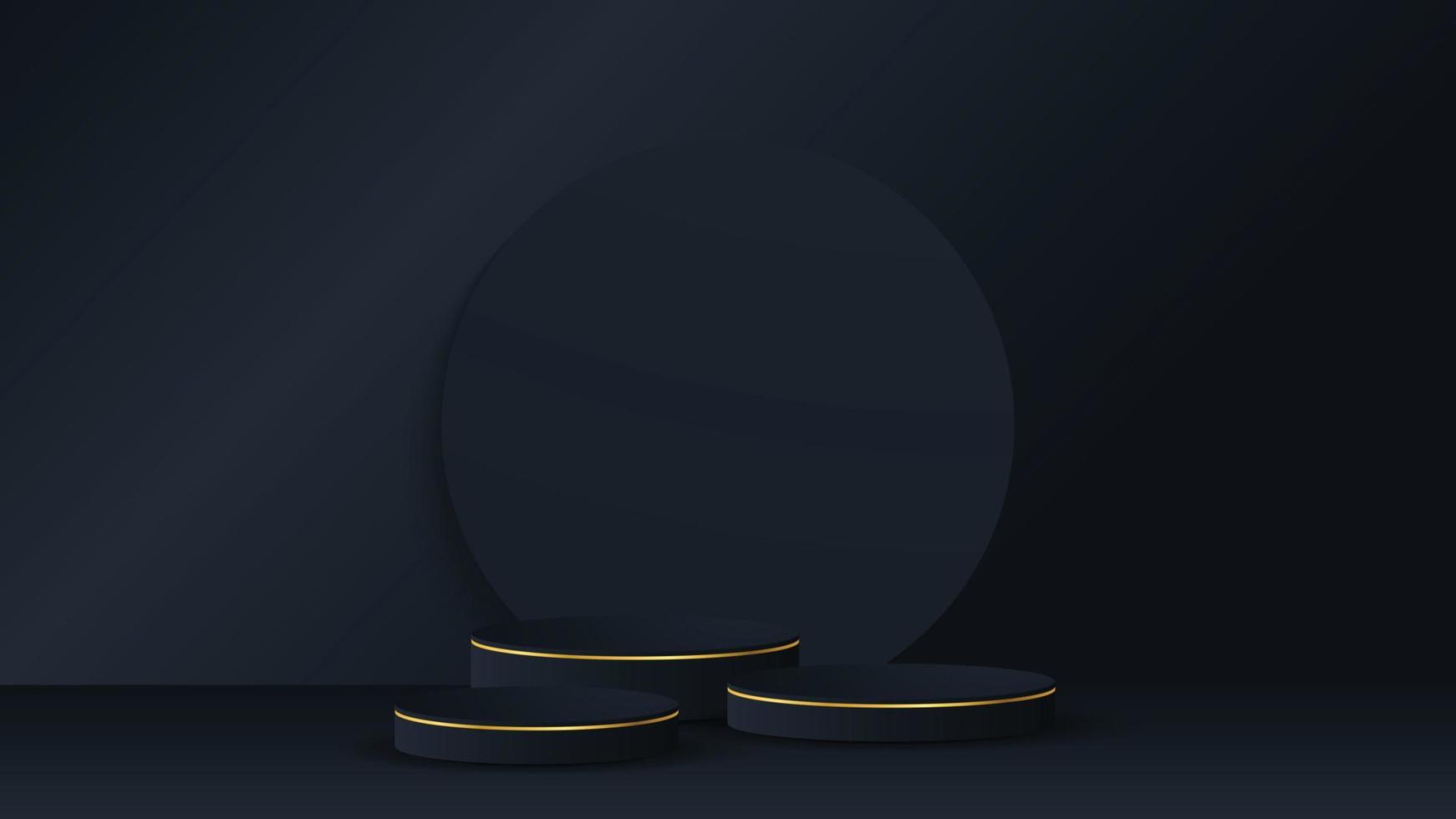 Black podium and modern gold border with a black circle element background. Abstract vector illustration showing a 3D shape for placing a product with copy space.