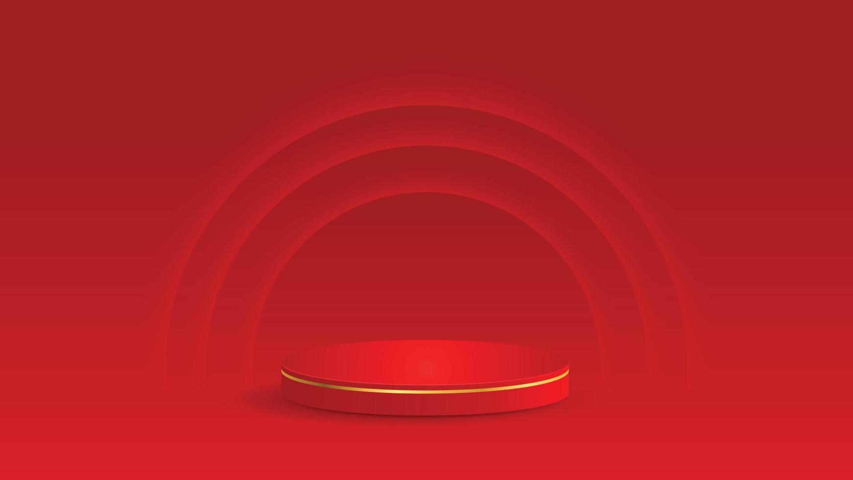 Red podium with glowing light semi circle backdrop. vector