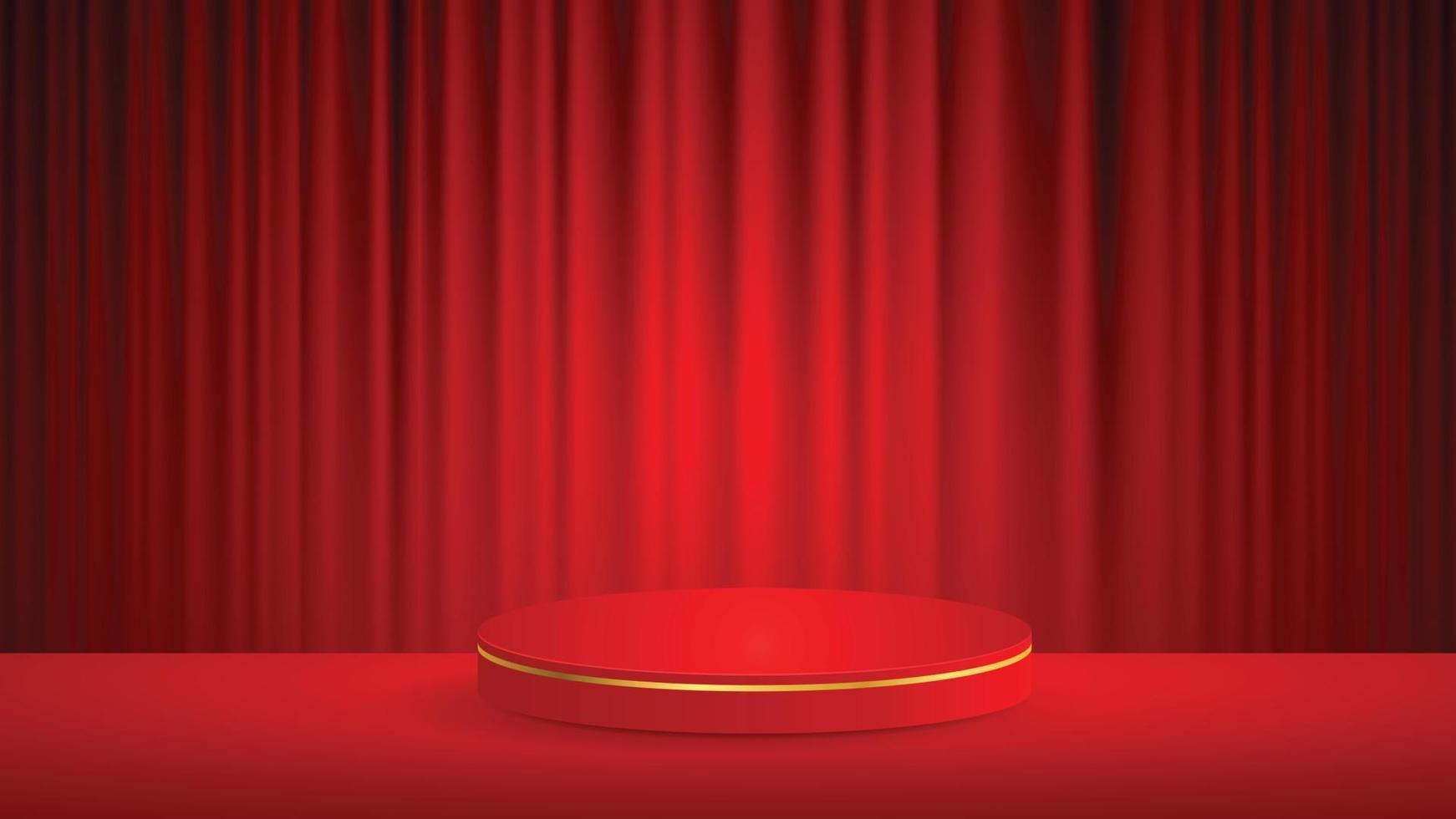 Abstract vector rendering 3d shape for placing the product with copy space. red podium with gold borders on the red floor, behind a red curtain. Vector illustration