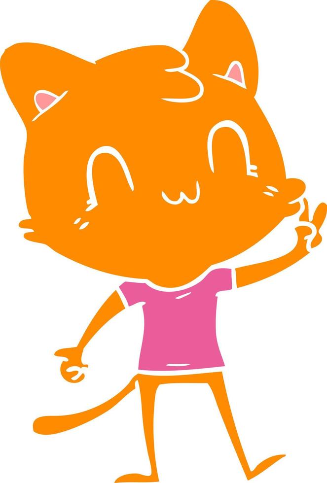flat color style cartoon happy cat giving peace sign vector