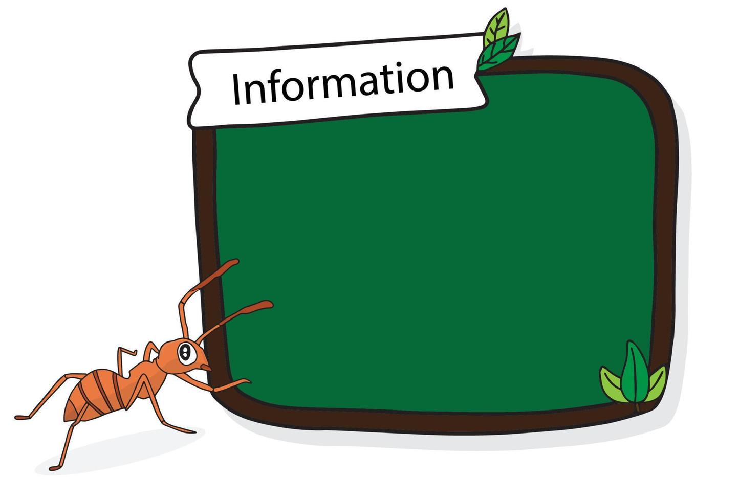 Ant character standing beside and point to empty blackboard. Show information in presentation, banner, manual, brochure. Vector cartoon illustration.