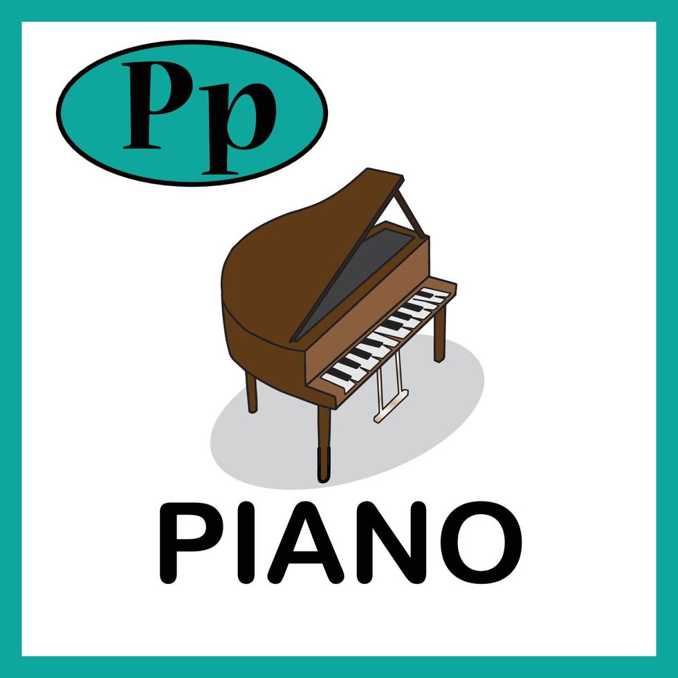 Letter P, Piano Alphabet cute Flash card. Practice learning for children, kids, kindergarten. Alphabet book, English vocabulary. vector