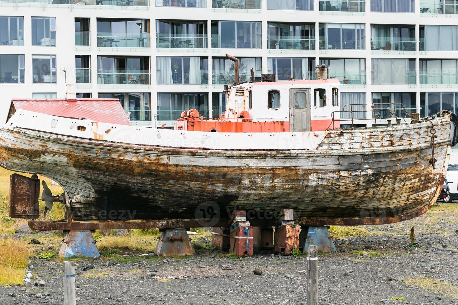 old boat on street in Reykjavik city photo