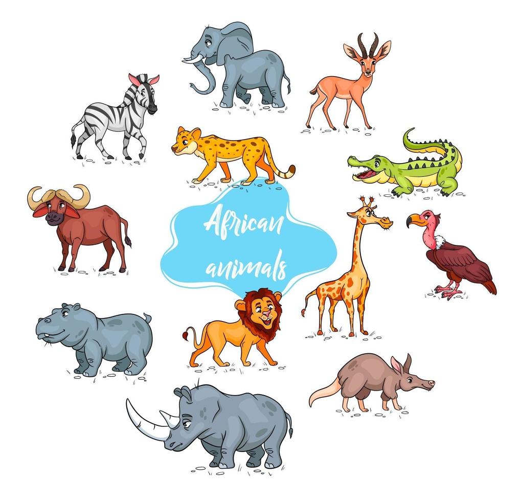 gran conjunto de animales africanos. personajes de animales divertidos en estilo de dibujos animados. vector