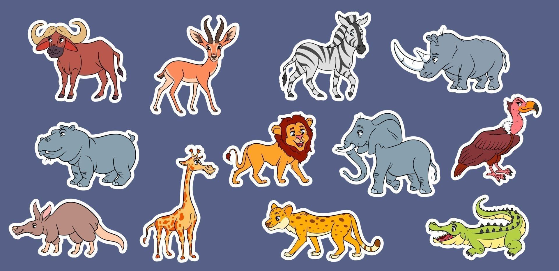 Large set of African animals. Funny animal characters in cartoon style Stickers. vector