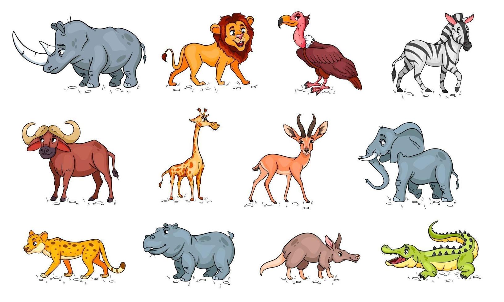 Large set of African animals. Funny animal characters in cartoon style. vector