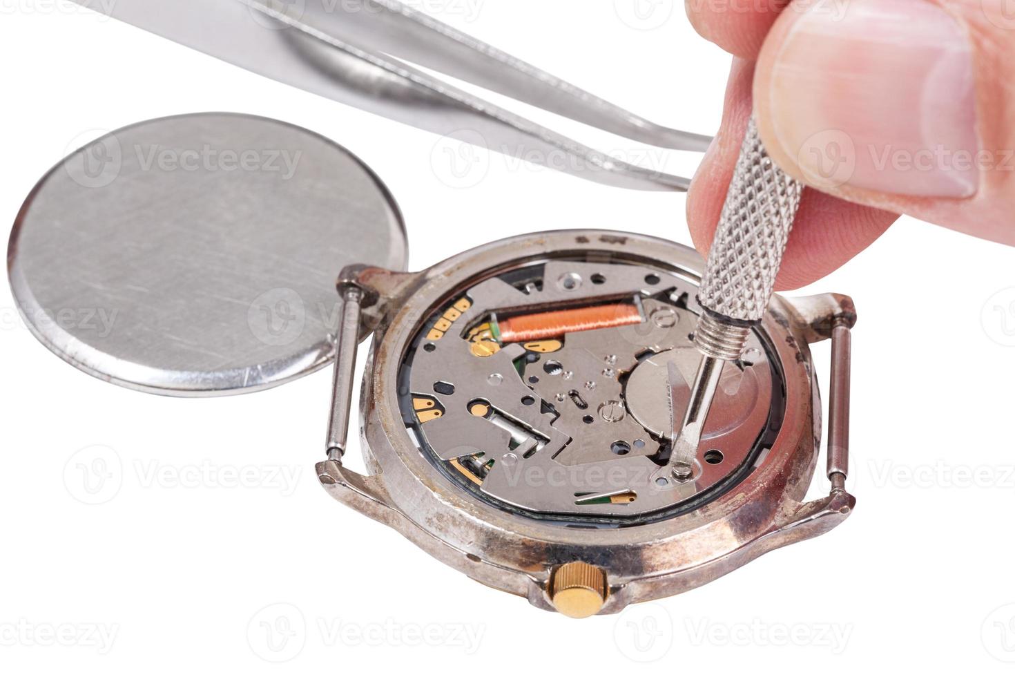 watchmaker replaces battery in watch isolated photo