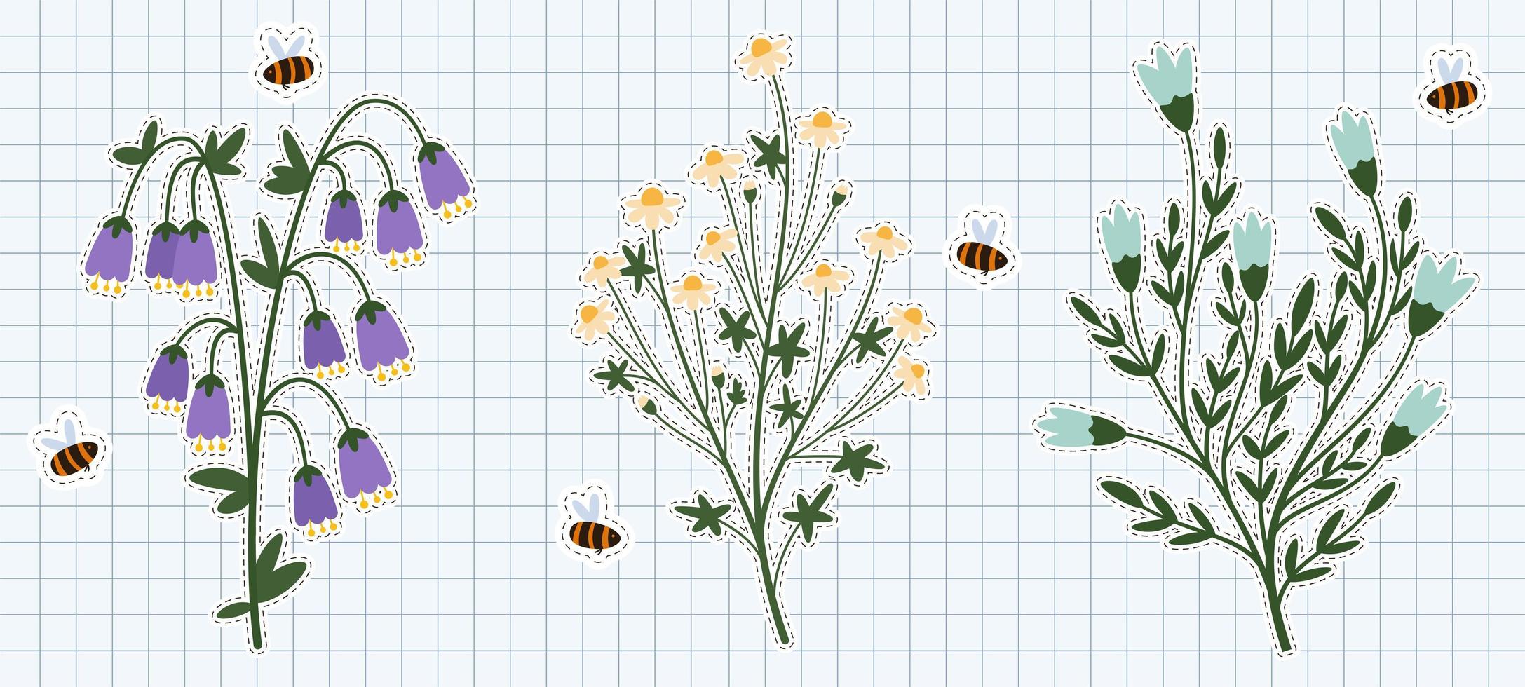 flores silvestres planas simples con abejas voladoras 2 vector