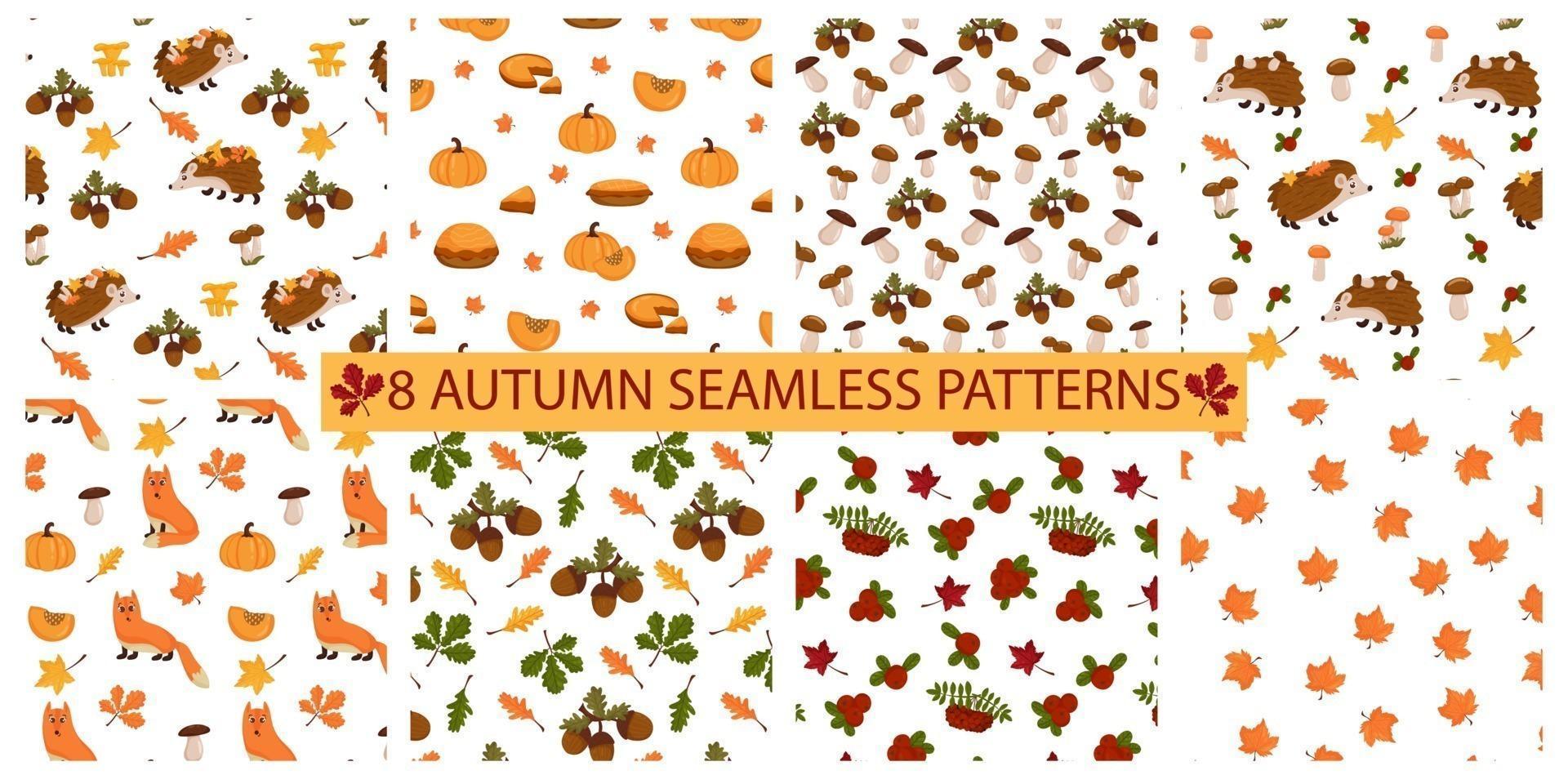 Autumn patterns set. Seamless background with autumn elements, hedgehog, leaves, pumpkin, acorns, mushrooms, mountain ash, berries. Vector illustration cartoon style.