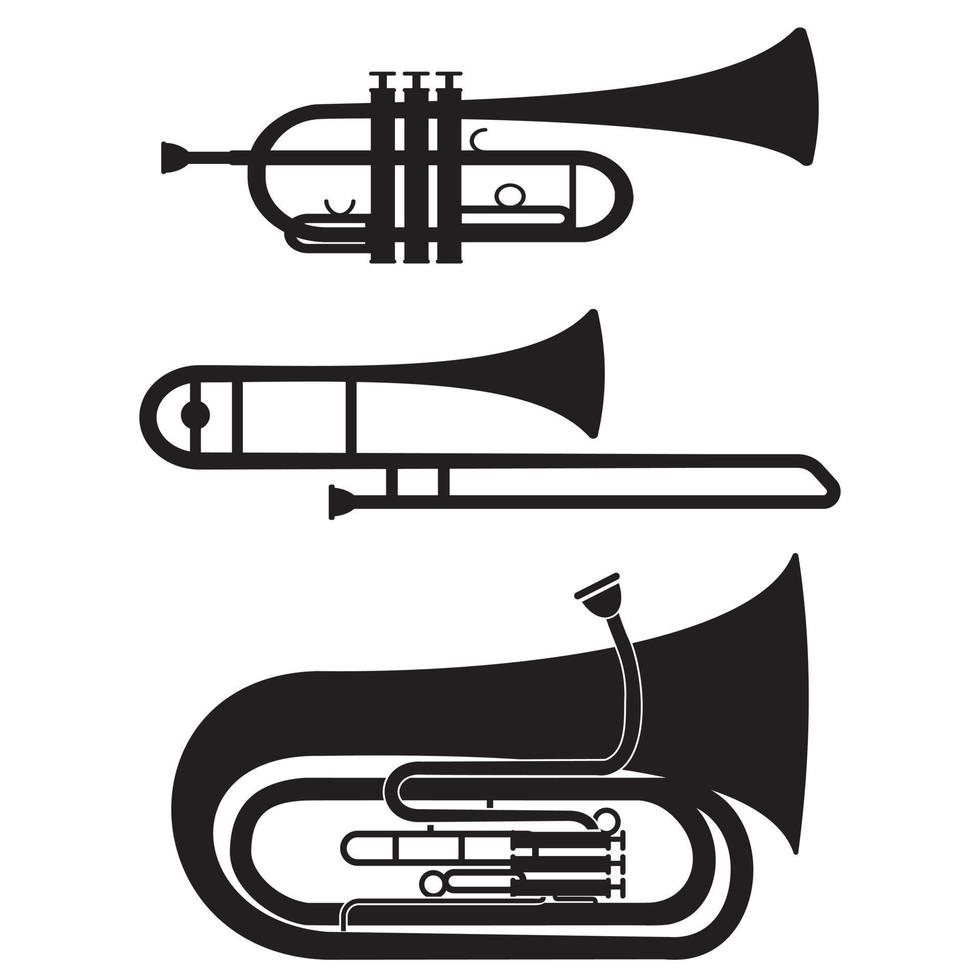 conjunto de instrumentos musicales de viento trompeta trombón tuba, plantilla negra ilustración vectorial aislada vector