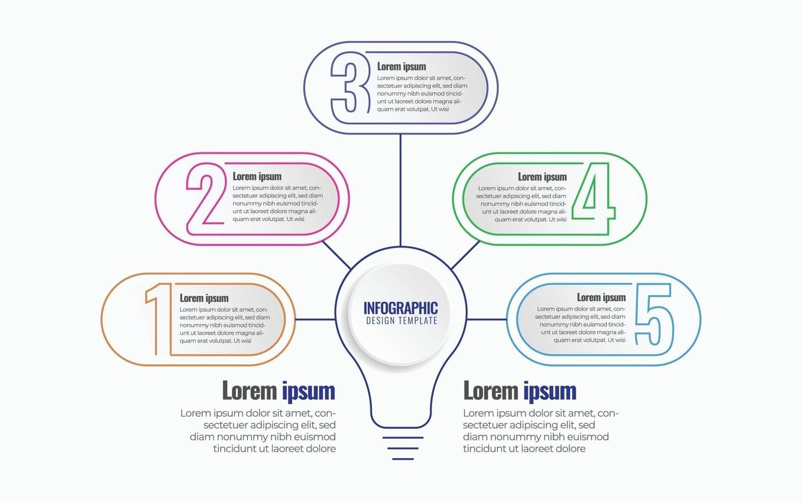 concepto de plantilla de vector de diseño infográfico para bombilla de idea, gráficos, tablas, diagramas. negocio con 5 opciones, partes, pasos, procesos.