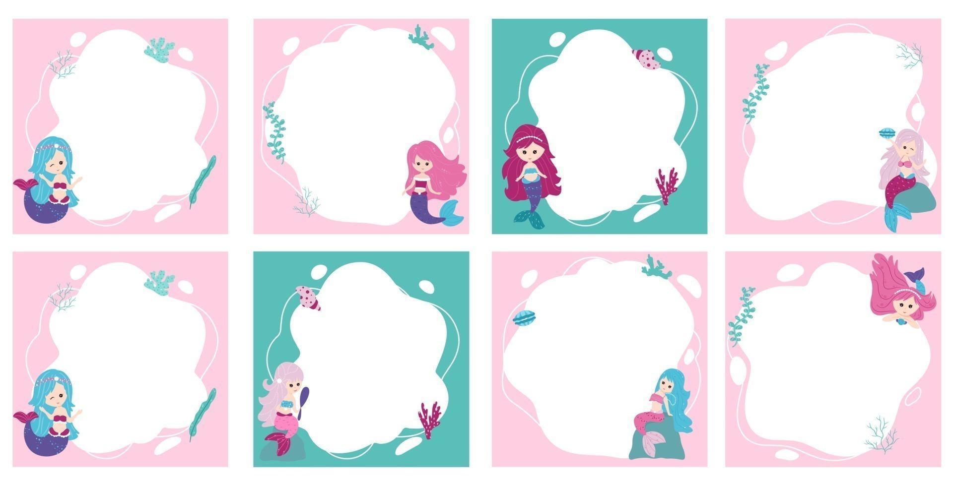 Little mermaids. Vector frames in the form of spot in cartoon style