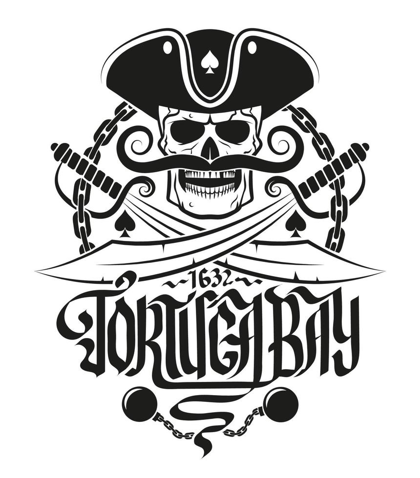 logo pirata con una calavera en un sombrero de tres picos y con bigote. jolly roger con sables, cadenas e inscripciones caligráficas. vector