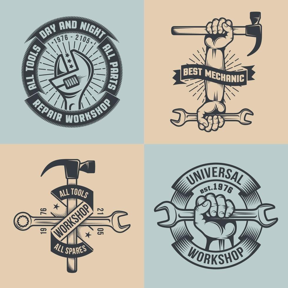 Logo mechanical repair shop in vintage style. Hands with tools. vector