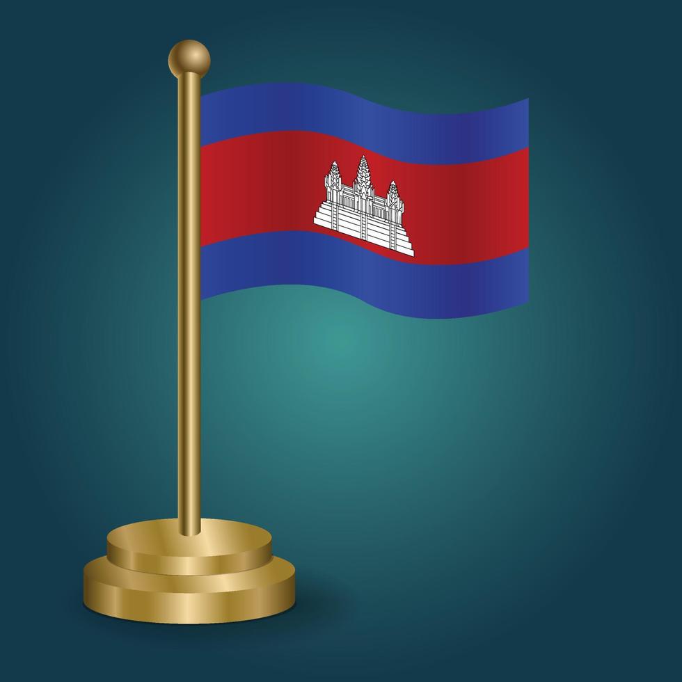 Cambodia national flag on golden pole on gradation isolated dark background. table flag, vector illustration