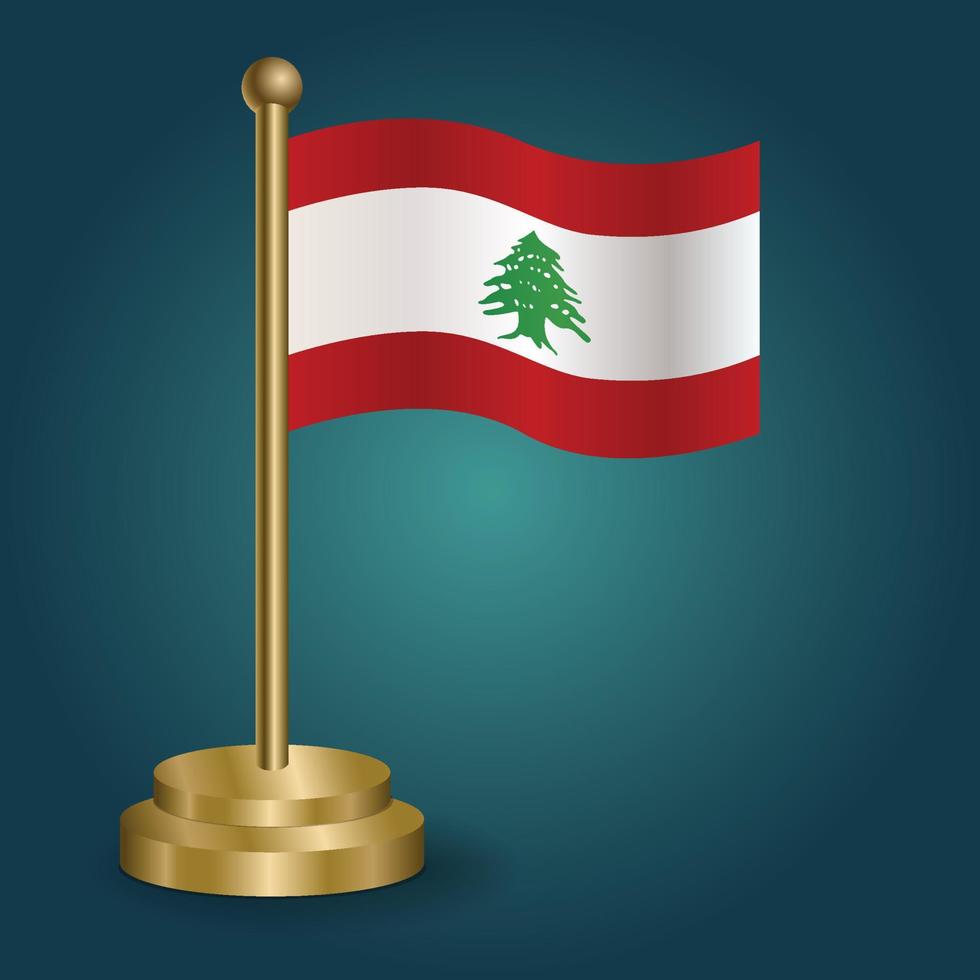 Lebanon national flag on golden pole on gradation isolated dark background. table flag, vector illustration