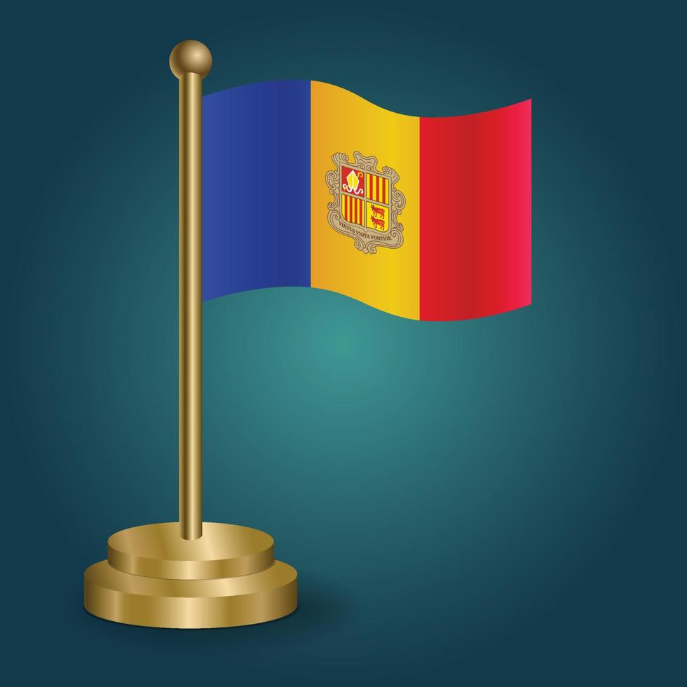 bandera nacional de andorra en el poste dorado sobre fondo oscuro aislado de gradación. bandera de mesa, ilustración vectorial vector