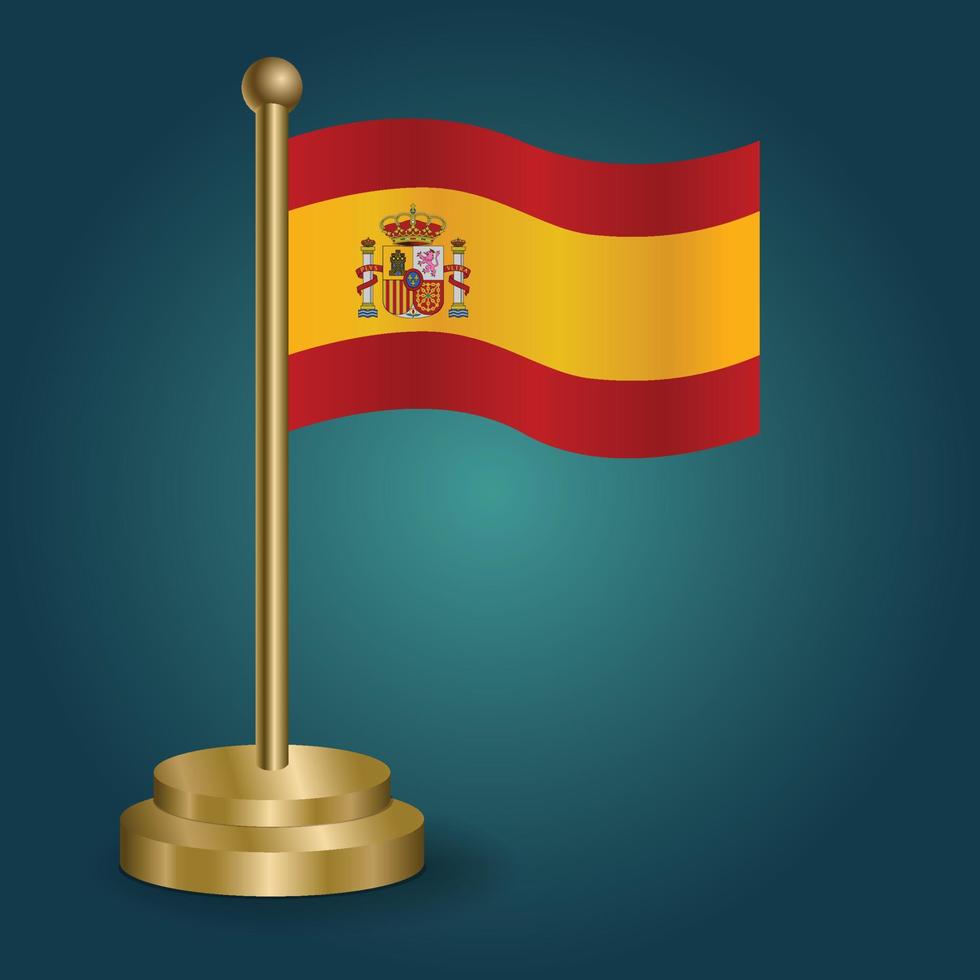 Spain national flag on golden pole on gradation isolated dark background. table flag, vector illustration