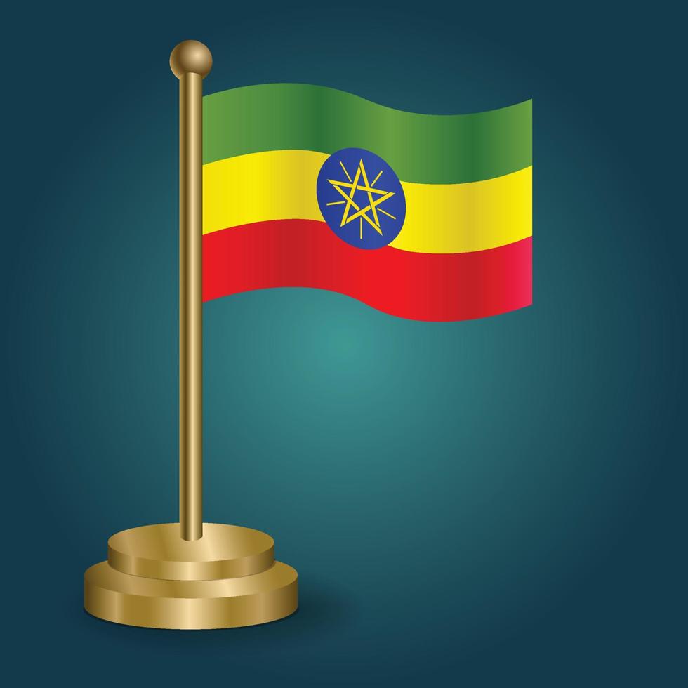 Ethiopia national flag on golden pole on gradation isolated dark background. table flag, vector illustration