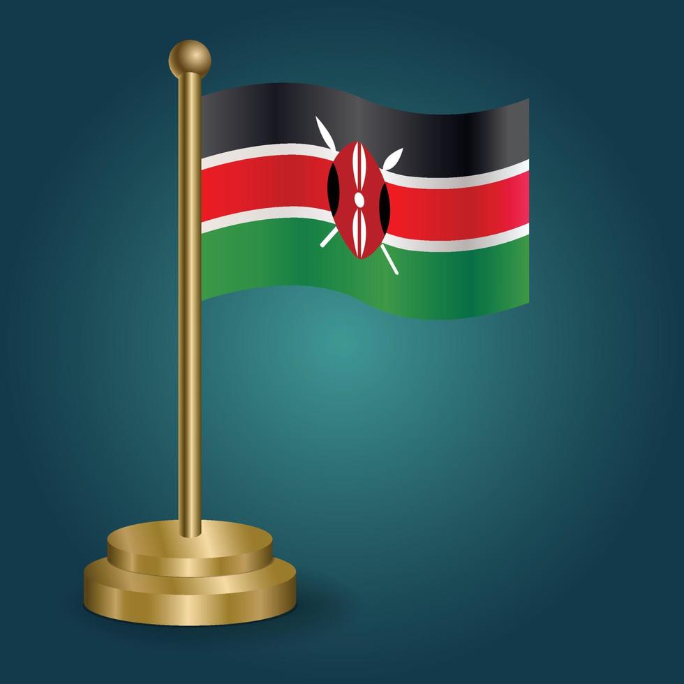 Kenya national flag on golden pole on gradation isolated dark background. table flag, vector illustration