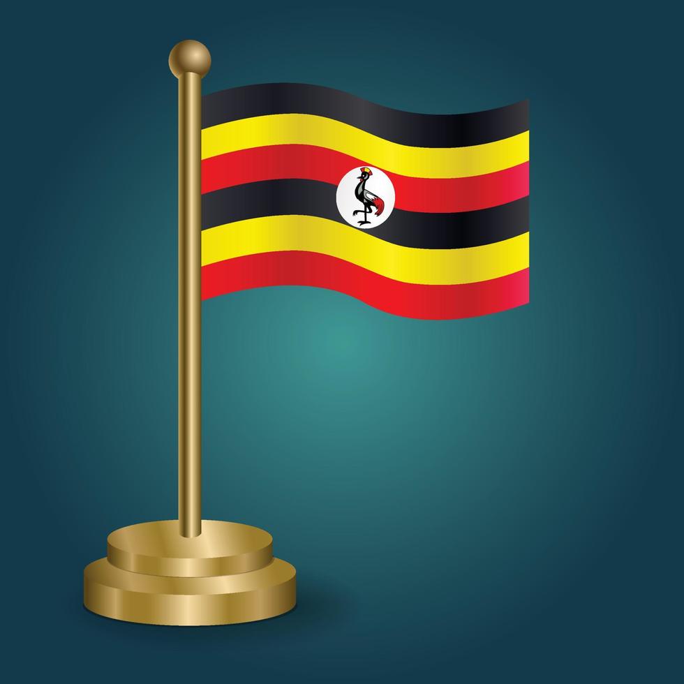 Uganda national flag on golden pole on gradation isolated dark background. table flag, vector illustration