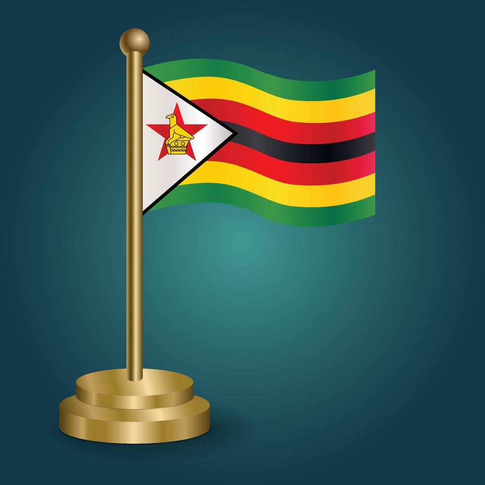 bandera nacional de zimbabwe en el poste dorado sobre fondo oscuro aislado de gradación. bandera de mesa, ilustración vectorial vector