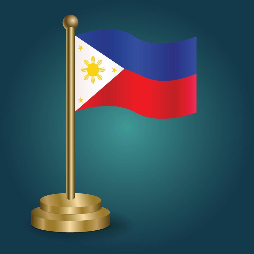 Philippine national flag on golden pole on gradation isolated dark background. table flag, vector illustration