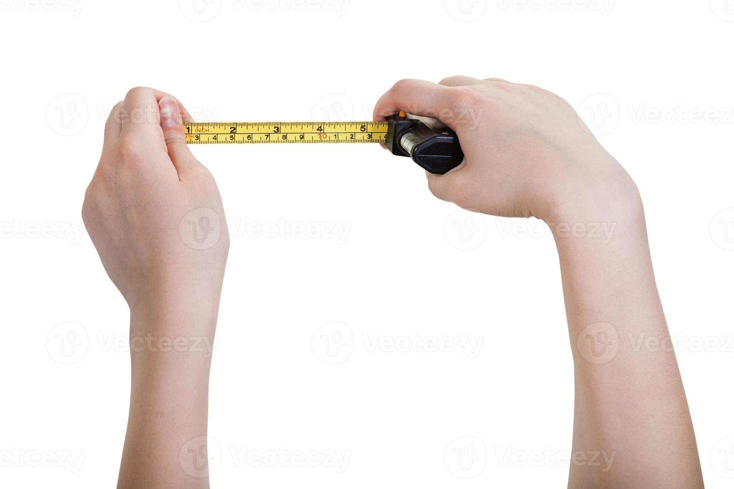 female hands with tape measure isolated on white photo