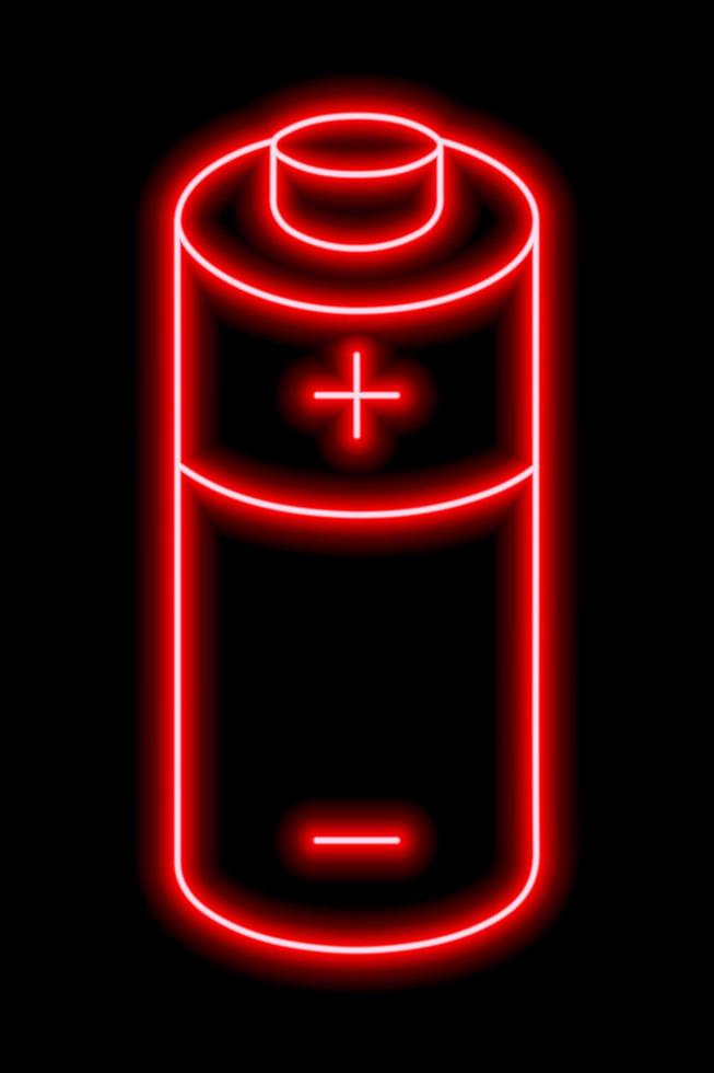Red neon outline of battery with plus and minus signs on a black background. Charge sign. Electricity, power vector