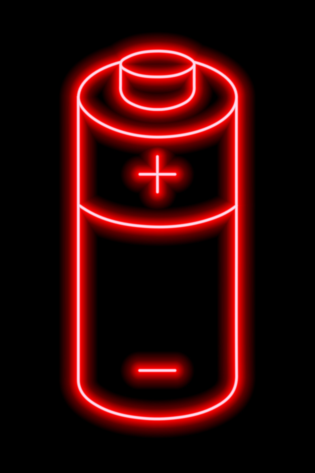 Red neon outline of battery with plus and minus signs on a black background. Charge sign