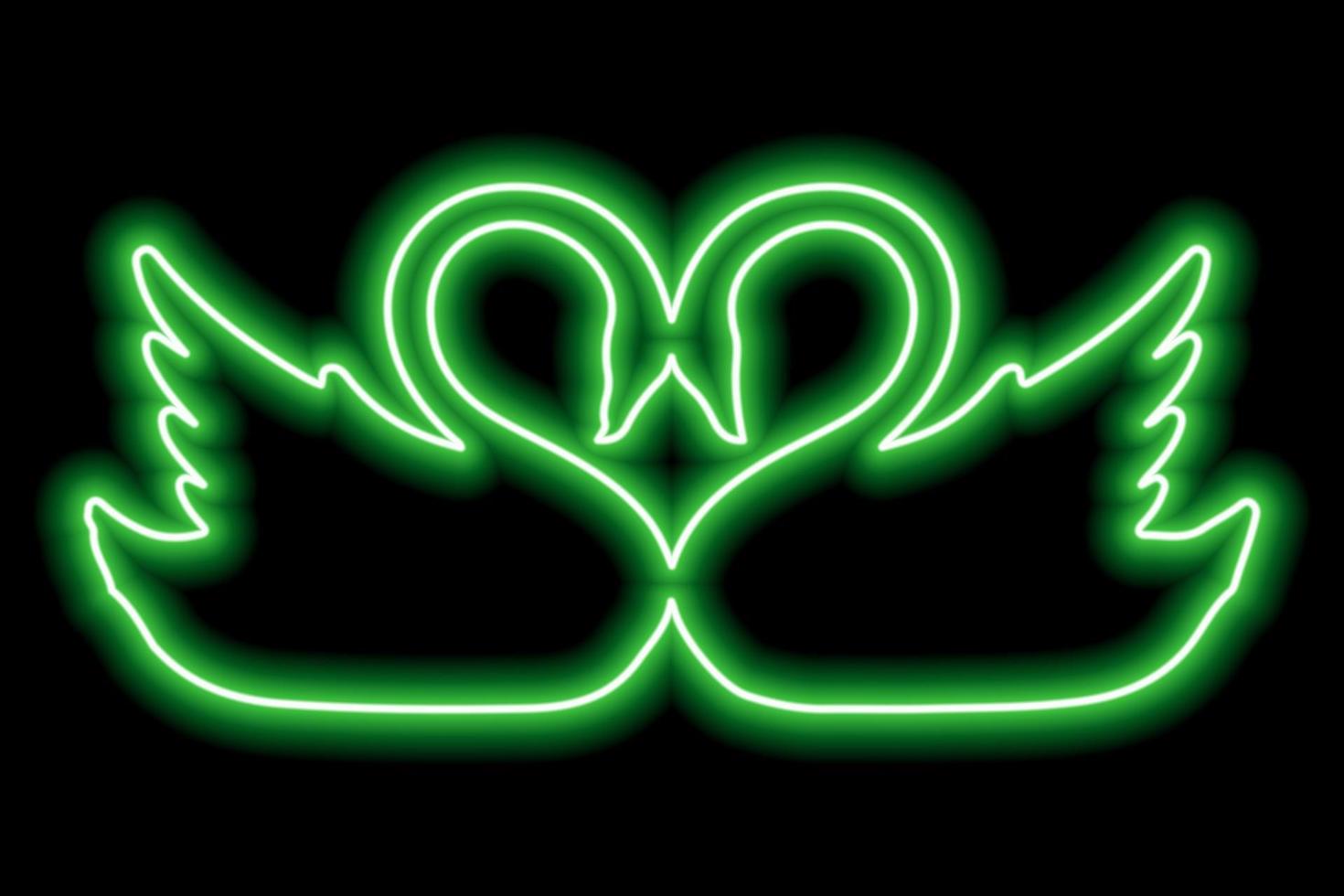 A copuple of swans touching each other's heads. A couple of birds in love. Green neon outline vector