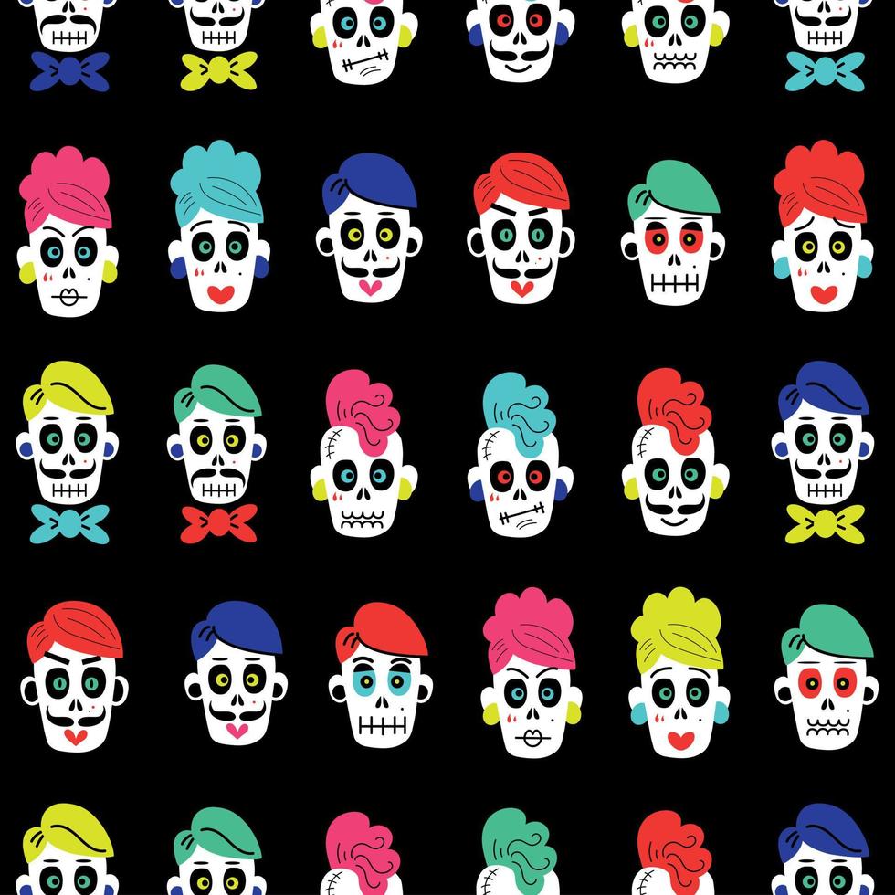 Seamless pattern with colorful  sugar funny skulls. vector