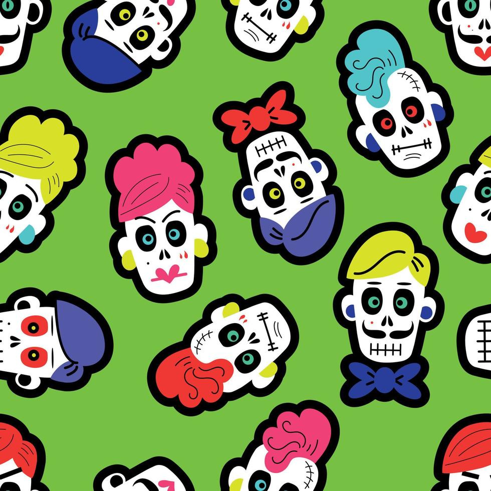 Seamless pattern with colorful  sugar funny skulls. vector