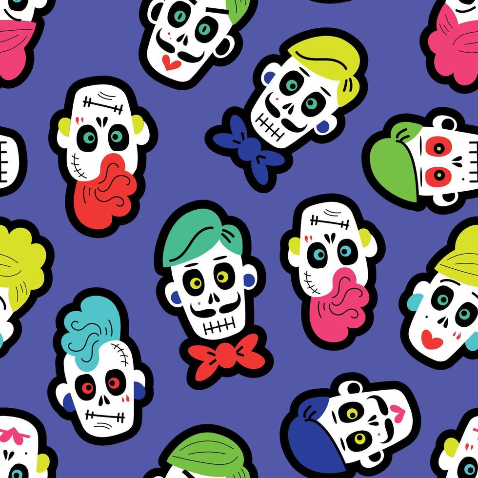 patrón sin costuras con calaveras divertidas de azúcar de colores. vector