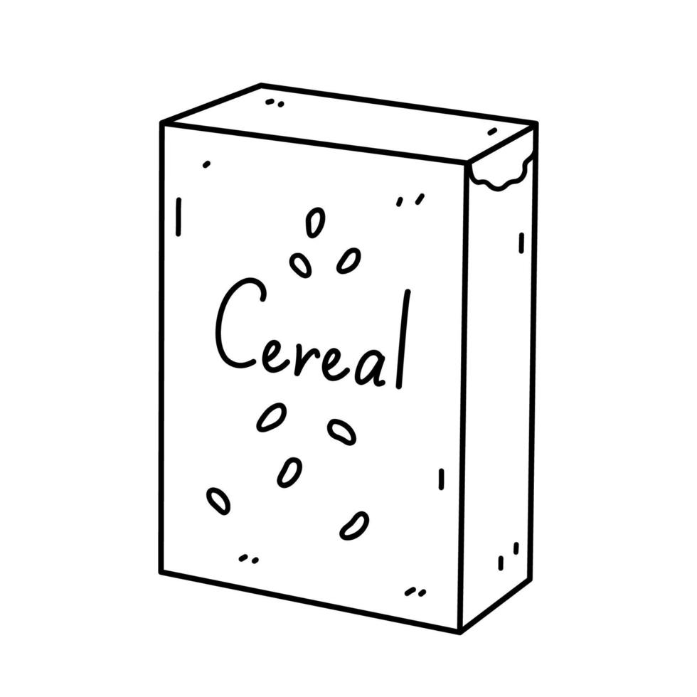 caja de cereales aislada sobre fondo blanco. paquete de copos de maíz, comida para el desayuno o para la merienda. ilustración vectorial dibujada a mano en estilo garabato. perfecto para tarjetas, decoraciones, logo, menú, recetas. vector