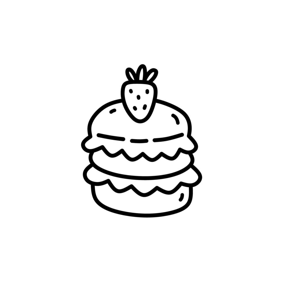 macarrón de fresa aislado sobre fondo blanco. lindo postre decorado con bayas. ilustración vectorial dibujada a mano en estilo garabato. perfecto para varios diseños, tarjetas, decoraciones, logo, menú. vector