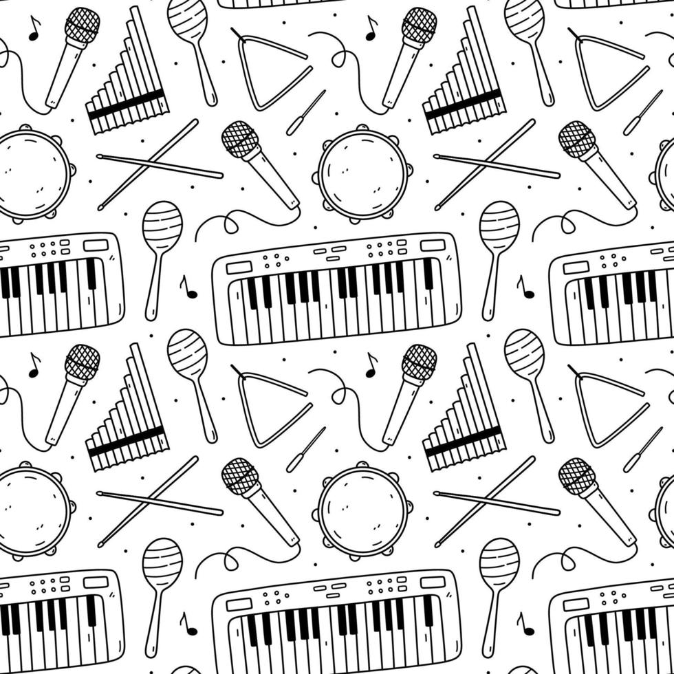 Cute seamless pattern with musical instruments - drumsticks, maracas, triangle, tambourine, microphone, electronic keyboard and pan flute. Vector hand-drawn illustration in doodle style.