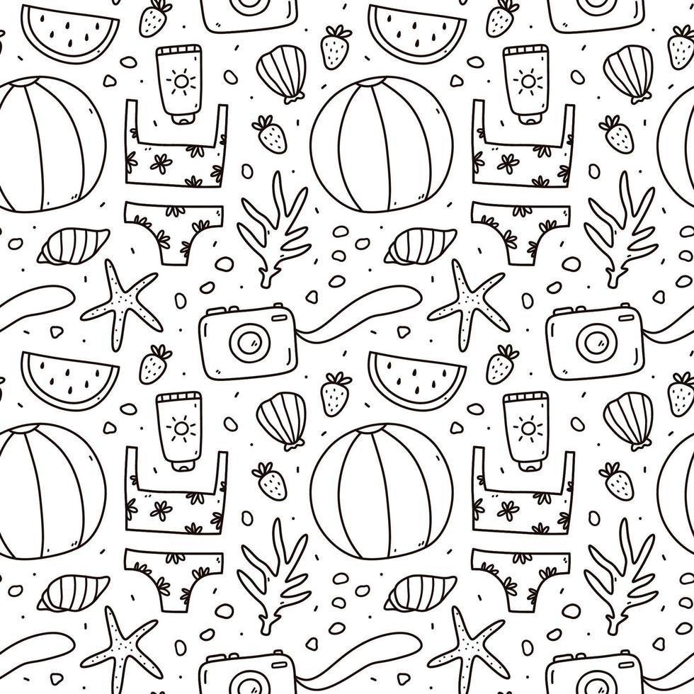 Cute seamless pattern with summer doodles - beach ball, bikini, sunscreen, photo camera, corals, starfish and seashells. Vector hand-drawn illustration. Perfect for print, wrapping paper, wallpaper.