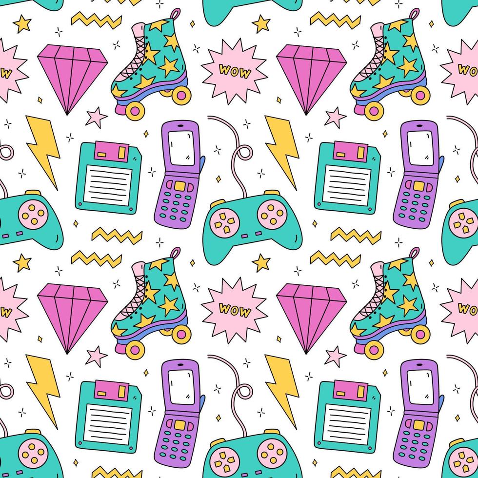 Bright seamless pattern with items from the nineties - floppy disk, quad roller skates, retro flip phone, joystick gamepad, lightnings, diamonds and stars on white background. Nostalgia for the 1990s. vector