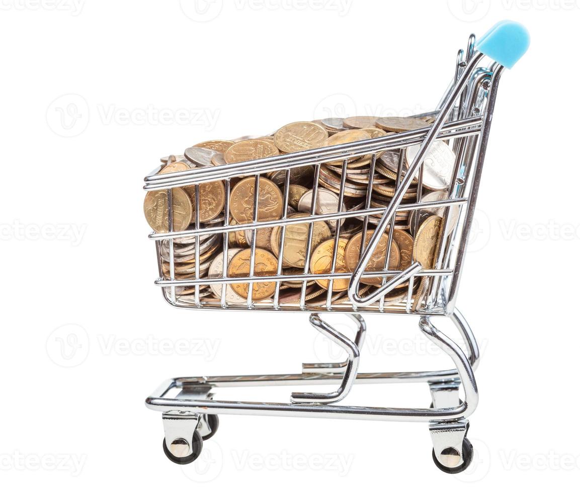 shopping carriage with russian coins isolated photo